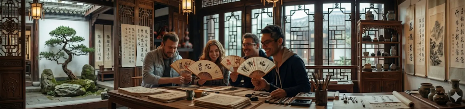 travelers participating in chinese calligraphy fan painting cultural experience during a guided cultural tour in china