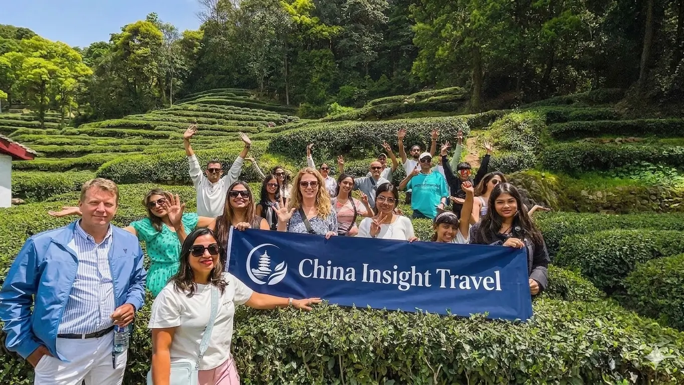 International travelers with China Insight Travel team at Longjing tea plantation in Hangzhou China cultural tour experience
