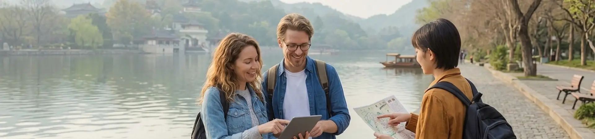 Western travelers planning a China trip with local guide at West Lake Hangzhou personalized travel experience