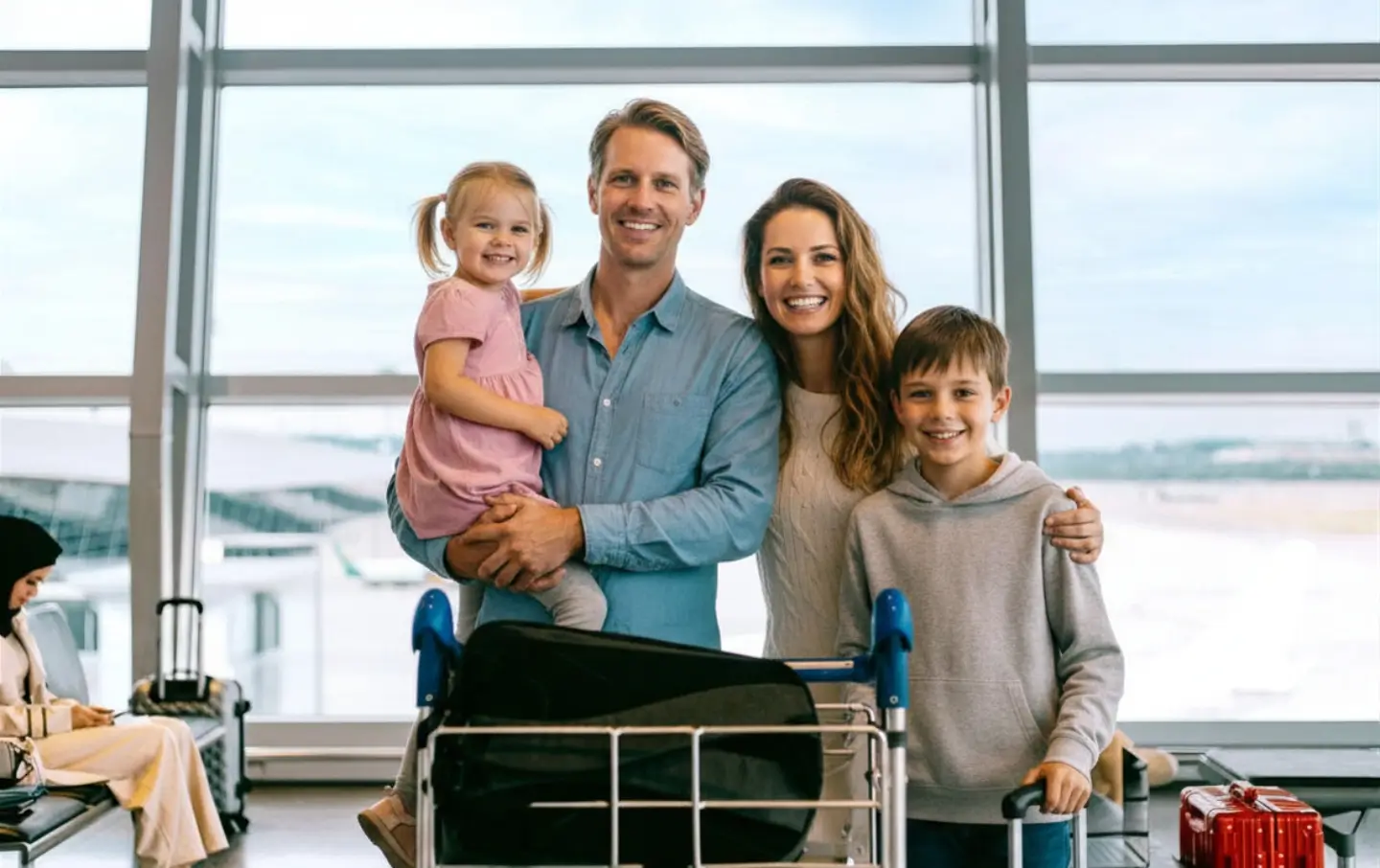 family arriving at airport with luggage stress free travel experience smooth trip planning