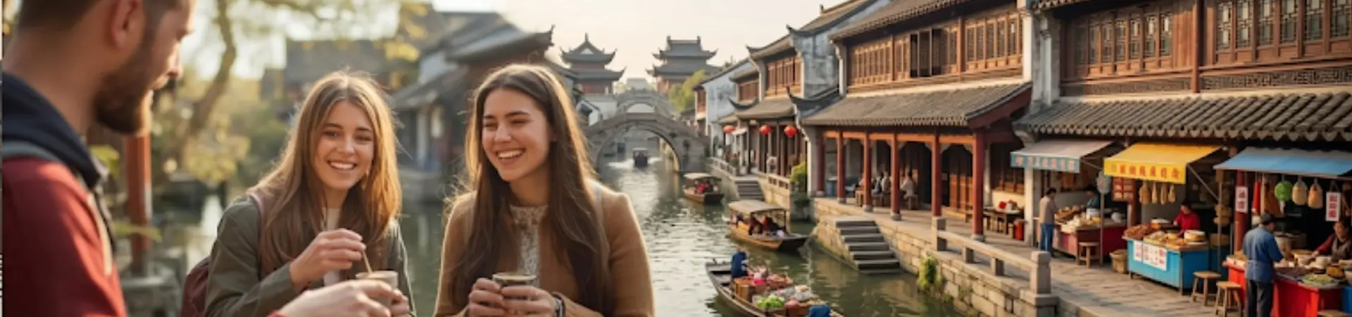 travelers enjoying local snacks in a traditional water town street in hangzhou with canal and historic architecture