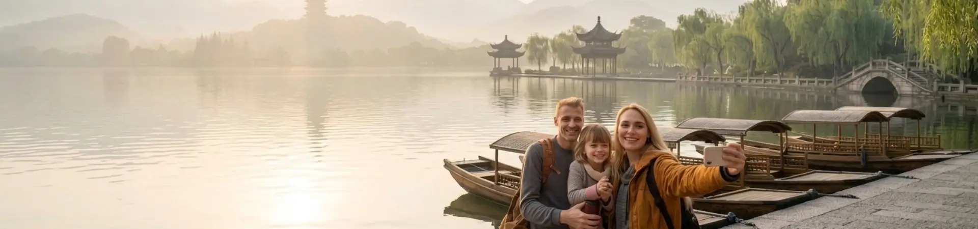 Western family enjoying a travel moment at West Lake Hangzhou with traditional boats and scenic landscape