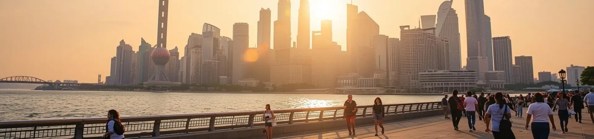 travelers walking along the bund promenade with shanghai skyline and lujiazui financial district at sunset