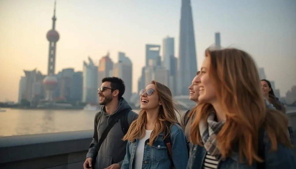 travelers enjoying the Shanghai skyline view along the Bund with Lujiazui skyscrapers in the background