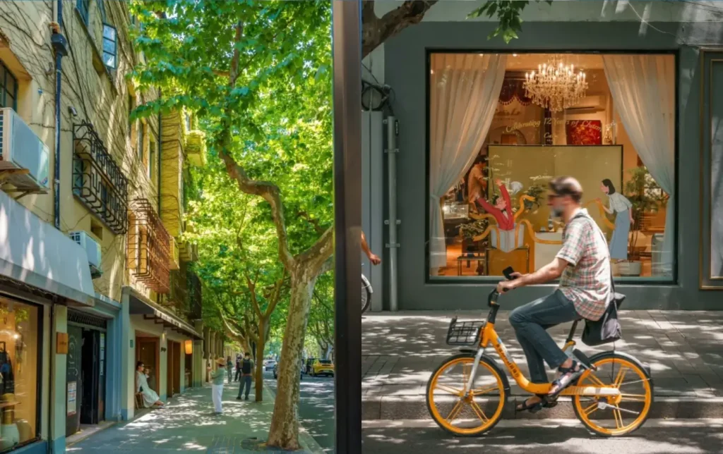 tree-lined street in Shanghai French Concession with people walking and cycling