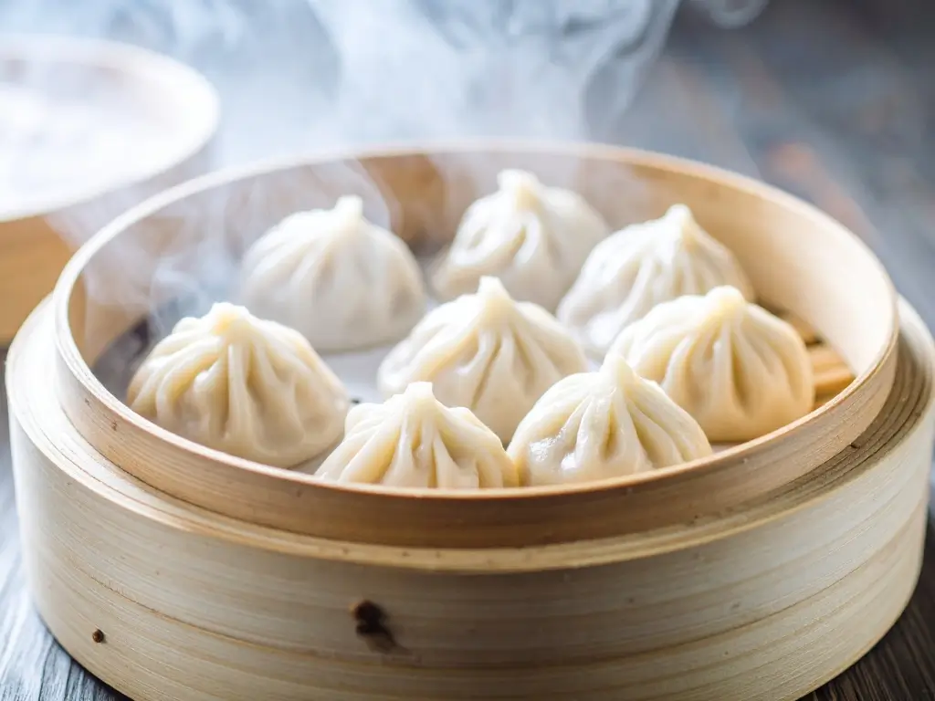 Xiaolongbao soup dumplings served in bamboo steamer, classic Shanghai delicacy