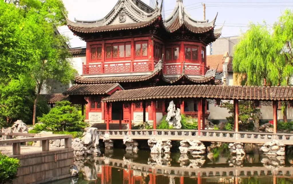Yu Garden traditional Chinese architecture with pavilion and pond in Shanghai