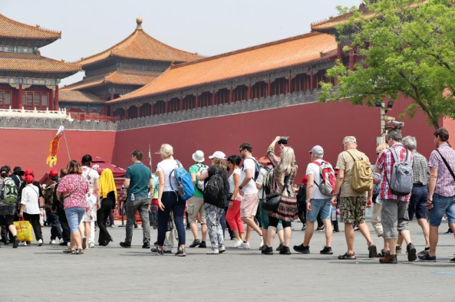 Foreign tourists touring the Forbidden City walls on a guided Beijing tour