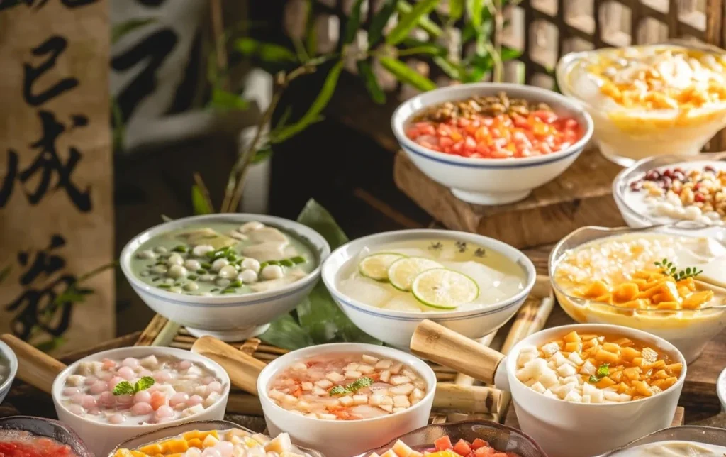 Assorted bowls of Chengdu bingfen ice jelly dessert with colorful fruit toppings