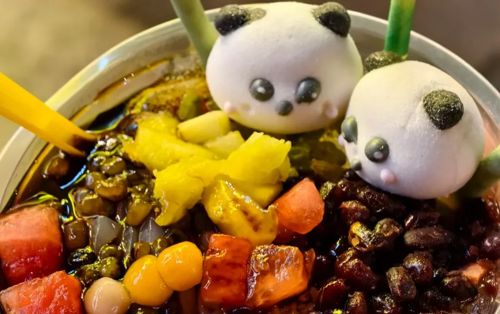 Chengdu Chunxi Road panda bingfen ice jelly dessert with red beans fruit and taro balls street food