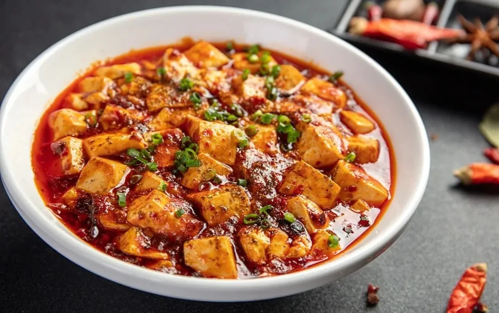 Authentic Chengdu mapo tofu classic Sichuan dish with spicy chili oil soft tofu and minced meat