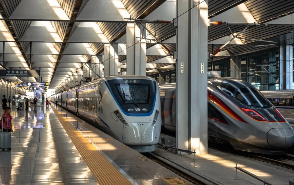 High speed rail station platform with two bullet trains side by side and passengers departing