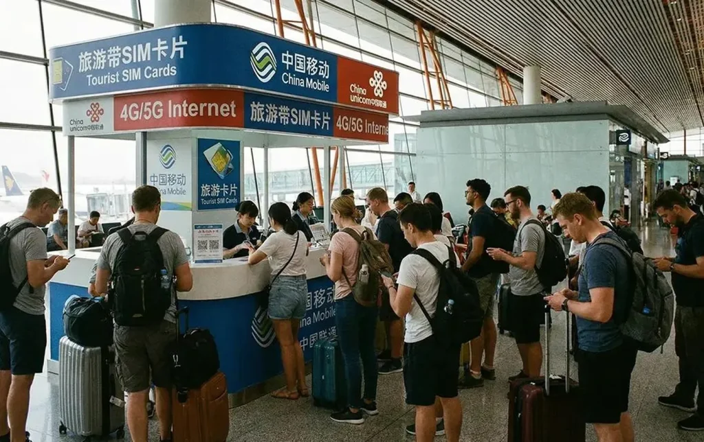 Foreign tourists purchasing tourist SIM cards at China Mobile and Unicom 4G 5G internet booth in airport