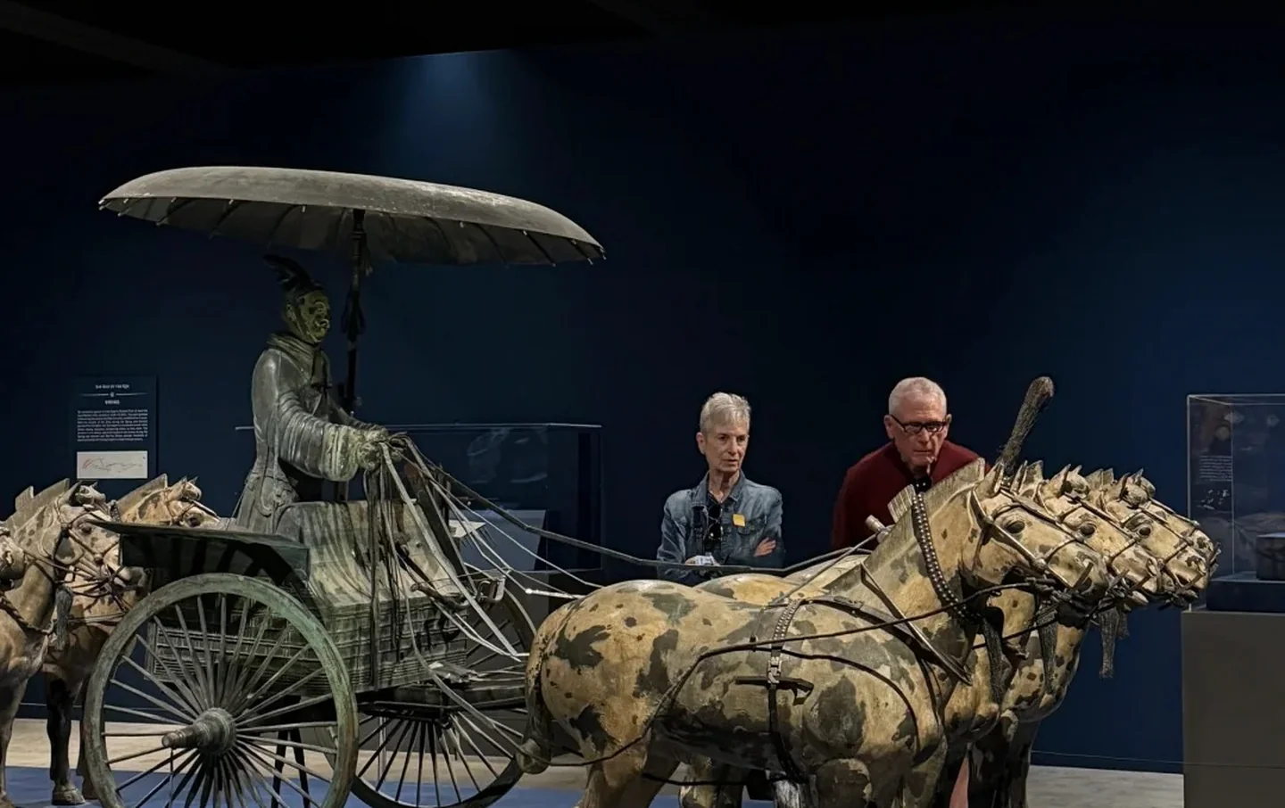 Visitors examining the bronze chariot and horses from the Terracotta Army at a museum exhibition, a fascinating stop on guided Xi'an history tours