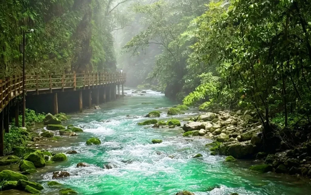 Wooden boardwalk beside a rushing turquoise stream in Zhangjiajie Grand Canyon