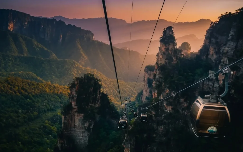 Cable car at sunset over Zhangjiajie's Tianzi Mountain peaks, a scenic private tour stop