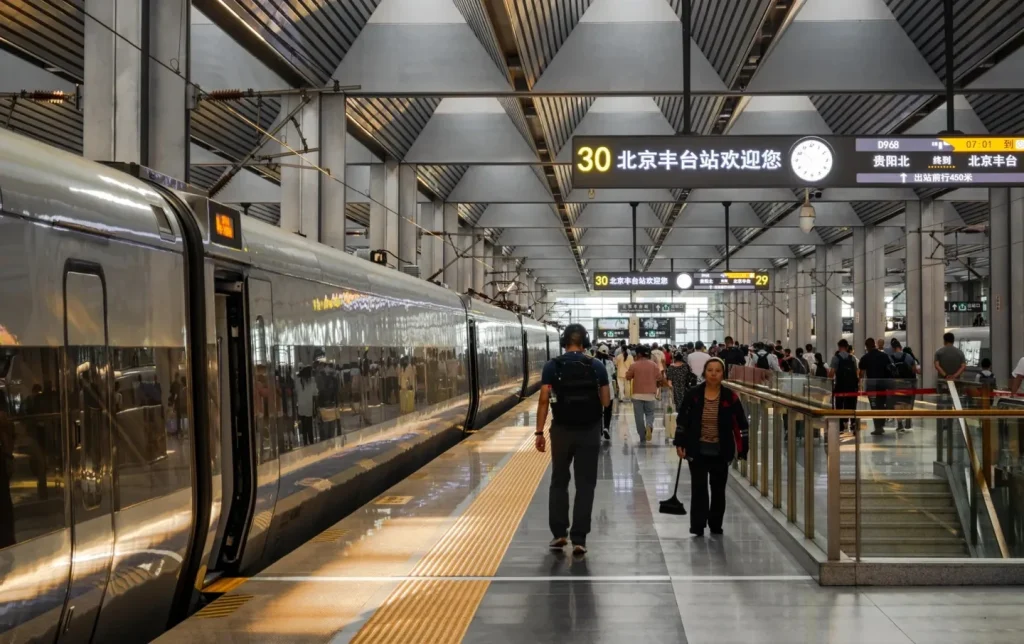 High-speed train at Beijing Fengtai Station platform with passengers boarding, a major departure point for China high-speed rail tours