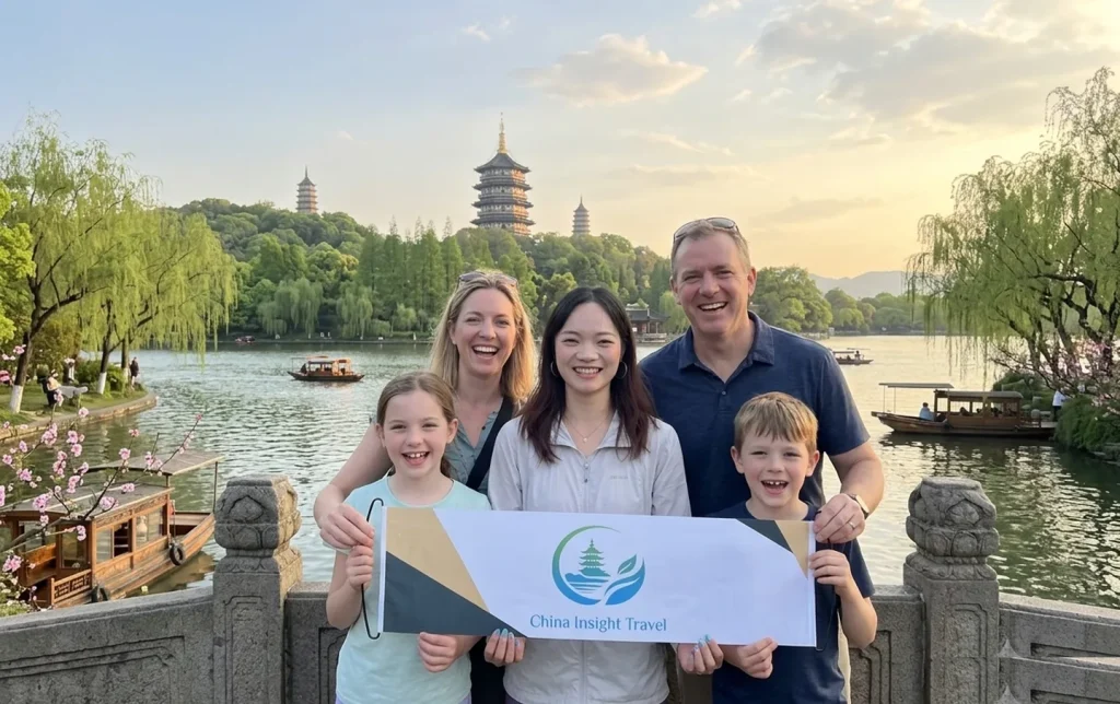 china-insight-travel-hangzhou-west-lake-family-private-tour China Insight Travel professional tour guide team holding company banner at Hangzhou West Lake at sunset, representing dedicated China inbound travel services