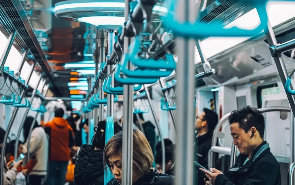 Interior of Hangzhou Metro Line 19 with distinctive teal grab handles and commuters on phones, efficient public transport for Hangzhou city tours