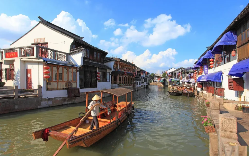 Zhujiajiao water town canal boat ride experience near Shanghai, daytime view
